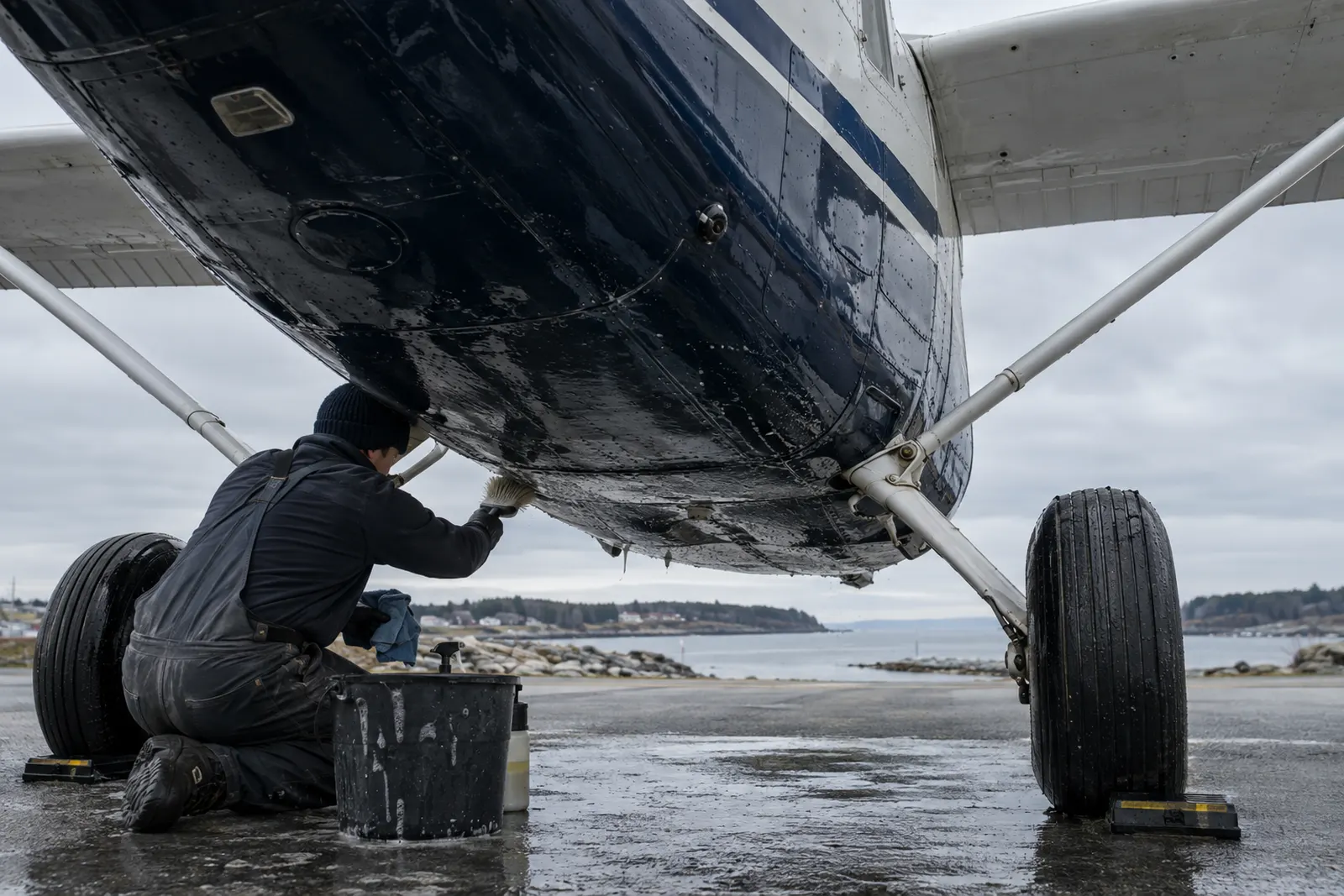 A detailer degreasing the belly and landing gear of a high-wing training airplane