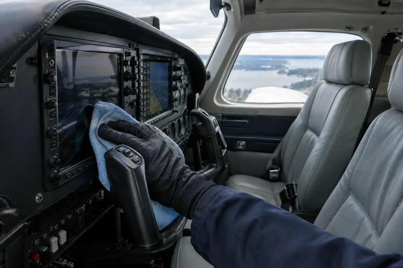 A gloved hand cleaning a glass flight display inside a small airplane cockpit